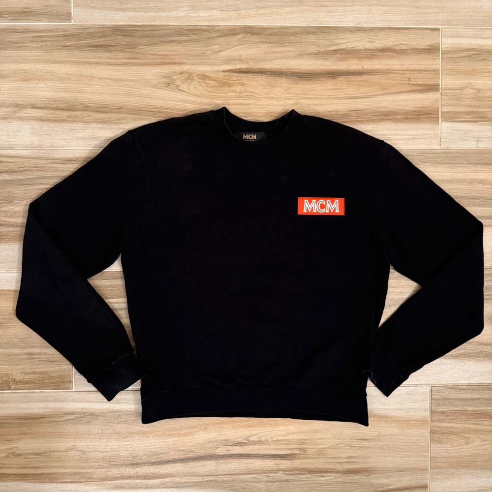 MCM Worldwide Black Sweatshirt Size S Orange Rubber Box Logo Waist Tabs Italy